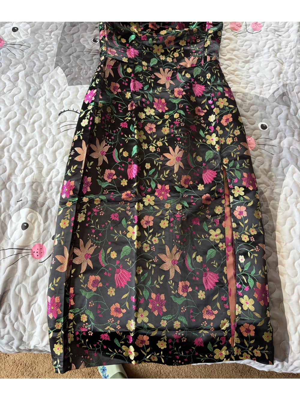 Black Floral Satin Lined Skirt — Pink & Green Embroidery